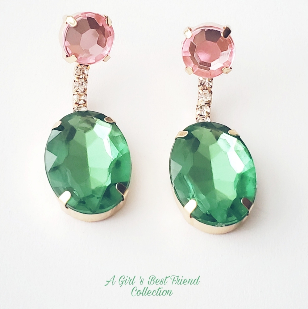 Rose Pink & Emerald Green Tear Drop earrings